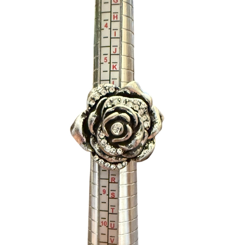Silver Stretchy Adjustable Rose Ring with Rhinestones